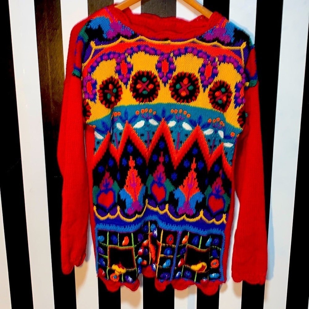 Vintage 90s 3D Knit & Crochet Floral & Hearts Fun Sweater Woman’s Large XL